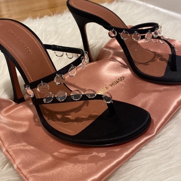New Amina Muaddi Tina Satin Crystal Charm sandals size 37.5EU - Picture 14 of 14
